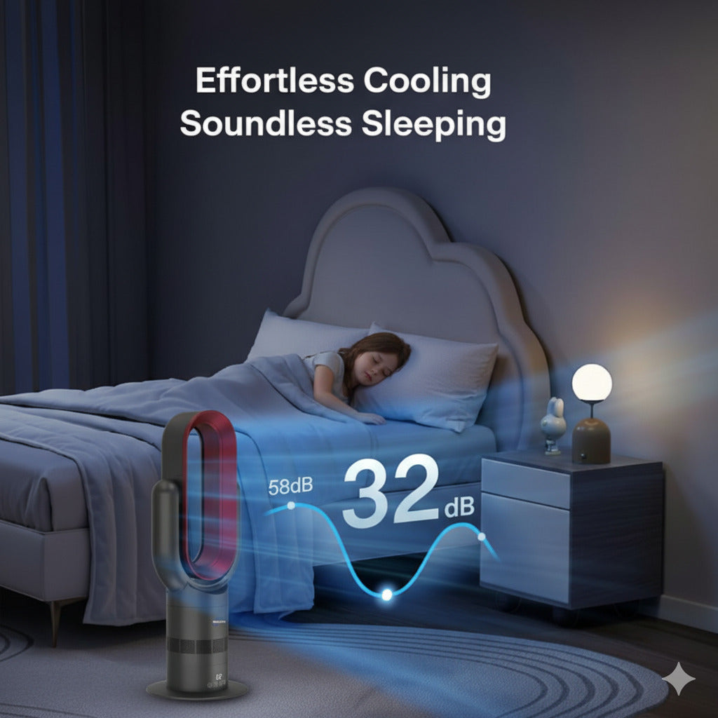 Bedroom scene with a person sleeping and a cooling device on the floor, showing noise levels.